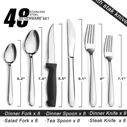 Stainless Steel Flatware with Steak Knives, Forks, Spoons, Knives - Dishwasher Safe for Home or Restaurant