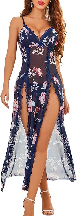 Lingerie Lace Babydoll Chemise Sexy Mesh Nightdress V Neck Nightwear Side Split Nightgown