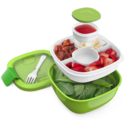 Salad Container - 54 oz Bowl with 4-Compartment Toppings Tray, Leak-Proof Dressing Container, Reusable Fork, BPA-Free Lunch Box for Meal Prep & Food Storage; Removable Bento Tray