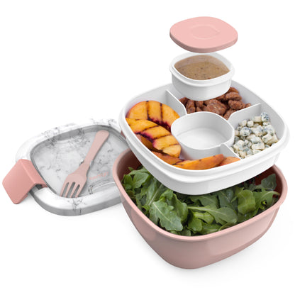Salad Container - 54 oz Bowl with 4-Compartment Toppings Tray, Leak-Proof Dressing Container, Reusable Fork, BPA-Free Lunch Box for Meal Prep & Food Storage; Removable Bento Tray