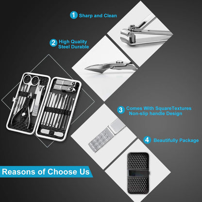 Nail Clippers Set Fingernail and Toenail Clipper Cutters, Manicure Pedicure Kit 18 Pieces Stainless Steel, with Luxurious Travel Case
