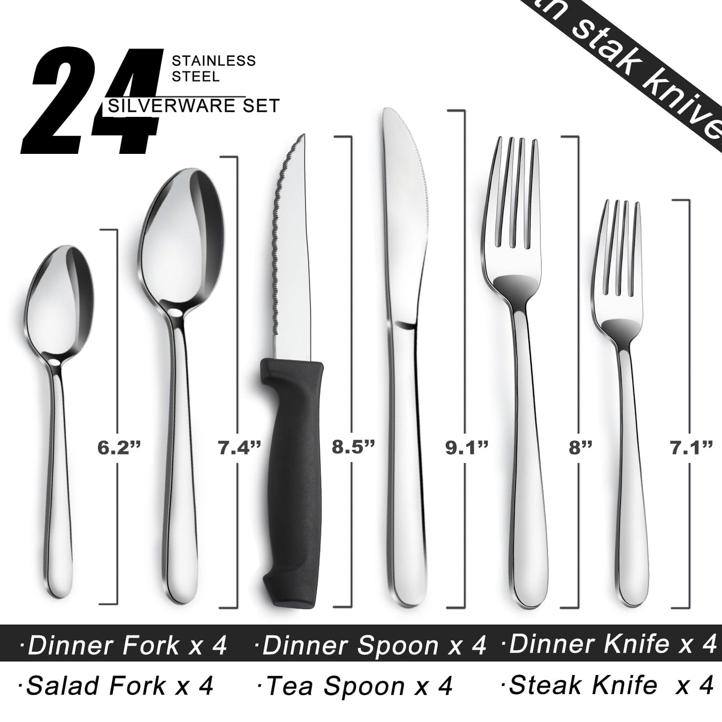 Stainless Steel Flatware with Steak Knives, Forks, Spoons, Knives - Dishwasher Safe for Home or Restaurant