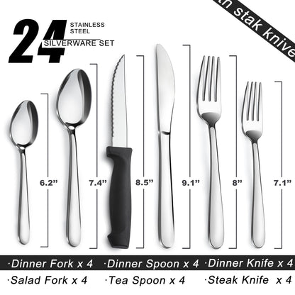 Stainless Steel Flatware with Steak Knives, Forks, Spoons, Knives - Dishwasher Safe for Home or Restaurant
