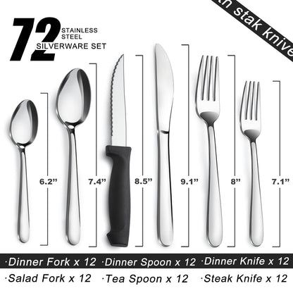 Stainless Steel Flatware with Steak Knives, Forks, Spoons, Knives - Dishwasher Safe for Home or Restaurant