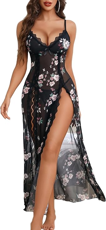 Lingerie Lace Babydoll Chemise Sexy Mesh Nightdress V Neck Nightwear Side Split Nightgown