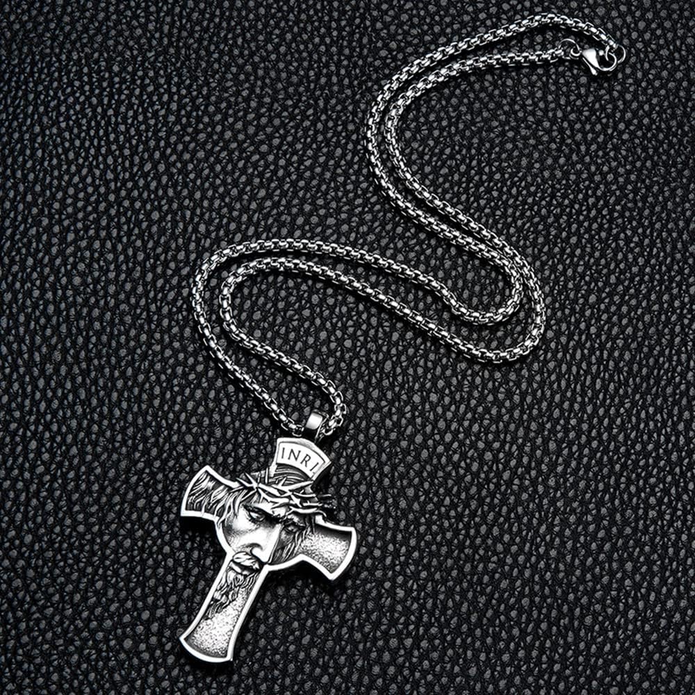 NIGHTCRUZ INRI Jesus Christ Necklace, Cross Pendant Necklace with Crown of Thorns Jesus