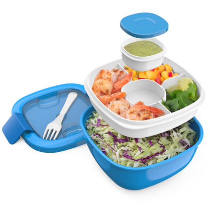 Salad Container - 54 oz Bowl with 4-Compartment Toppings Tray, Leak-Proof Dressing Container, Reusable Fork, BPA-Free Lunch Box for Meal Prep & Food Storage; Removable Bento Tray