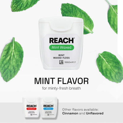 REACH Waxed Dental Floss, Mint, Plaque Remover for Teeth, Shred Resistant, Floss Slides Smoothly, Easy to Use, Waxed, Deep Cleaning Teeth, Oral Care, PFAS Free, for Adults & Kids, 1 Pack, 55 yd