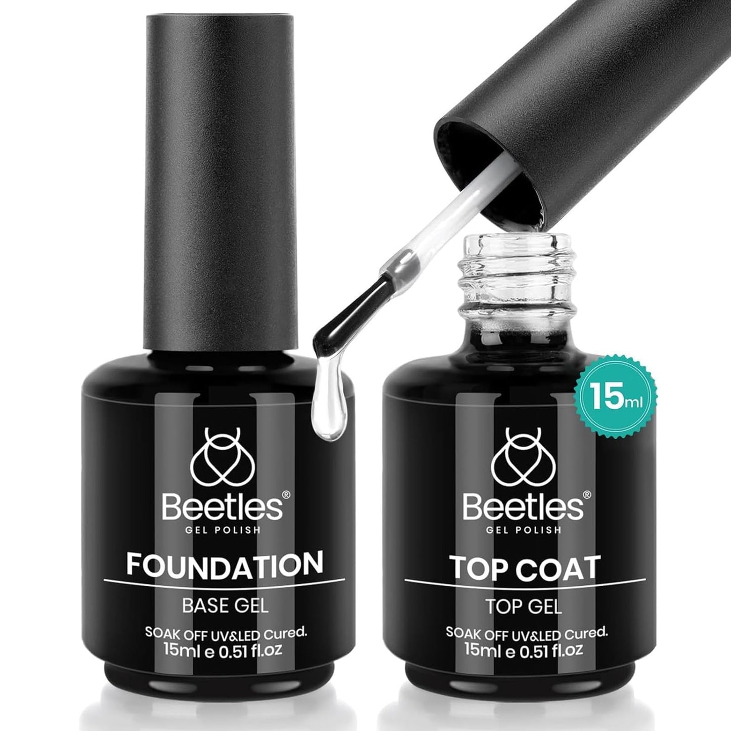 Beetles 2 Pcs 15ml No Wipe Gel Top Coat and Base Coat Set - Shine Finish and Long Lasting, Soak Off LED Nail Lamp Gel Base Top Coat Finish Nail Art Design Manicure