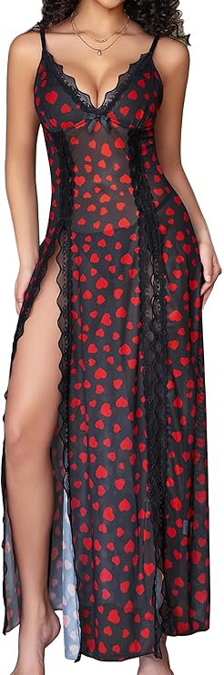 Lingerie Lace Babydoll Chemise Sexy Mesh Nightdress V Neck Nightwear Side Split Nightgown