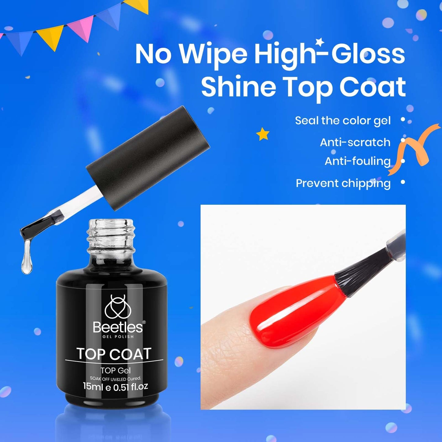 Beetles 2 Pcs 15ml No Wipe Gel Top Coat and Base Coat Set - Shine Finish and Long Lasting, Soak Off LED Nail Lamp Gel Base Top Coat Finish Nail Art Design Manicure