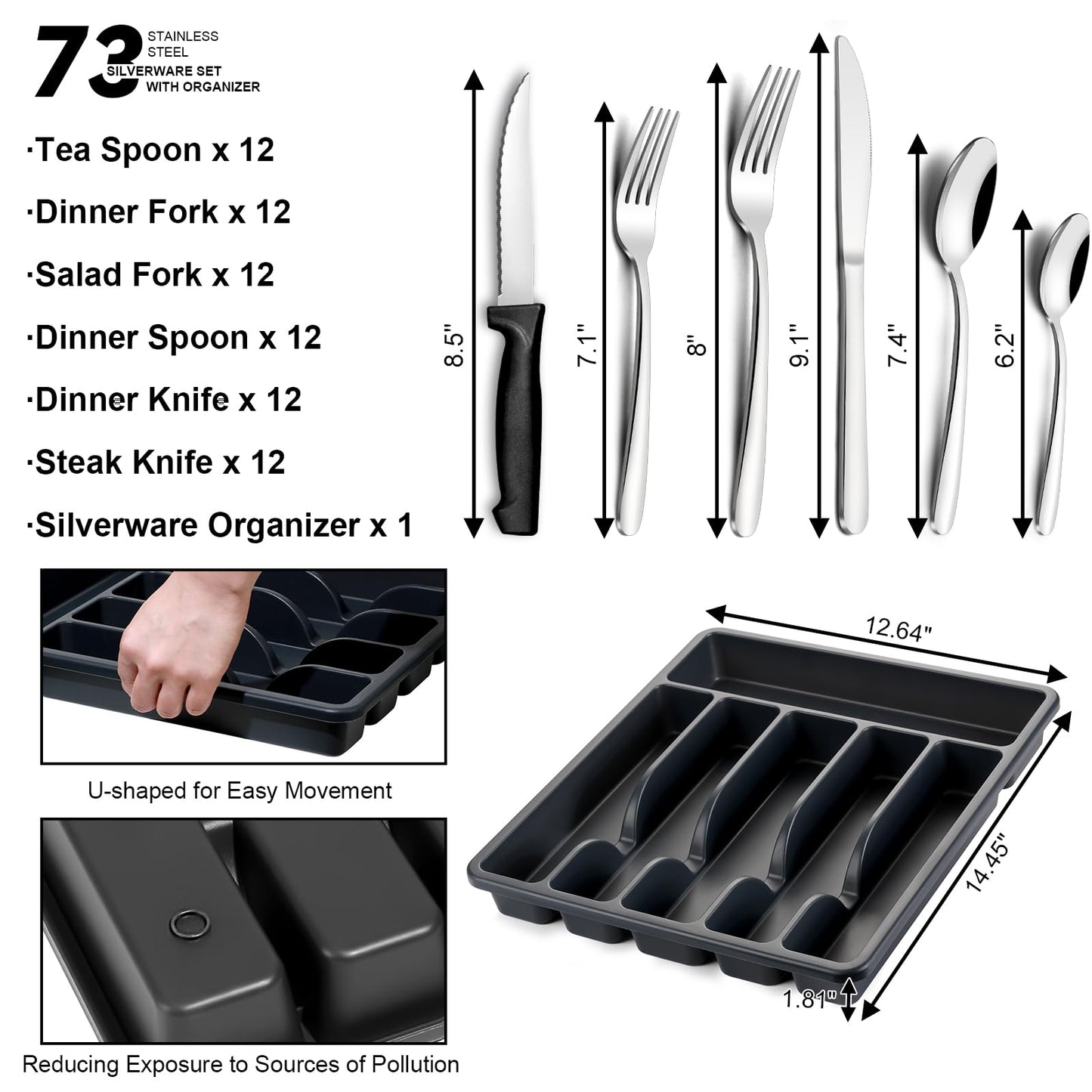 Stainless Steel Flatware with Steak Knives, Forks, Spoons, Knives - Dishwasher Safe for Home or Restaurant