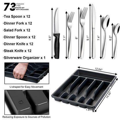 Stainless Steel Flatware with Steak Knives, Forks, Spoons, Knives - Dishwasher Safe for Home or Restaurant