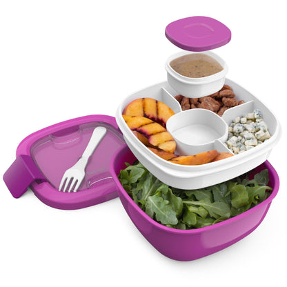 Salad Container - 54 oz Bowl with 4-Compartment Toppings Tray, Leak-Proof Dressing Container, Reusable Fork, BPA-Free Lunch Box for Meal Prep & Food Storage; Removable Bento Tray