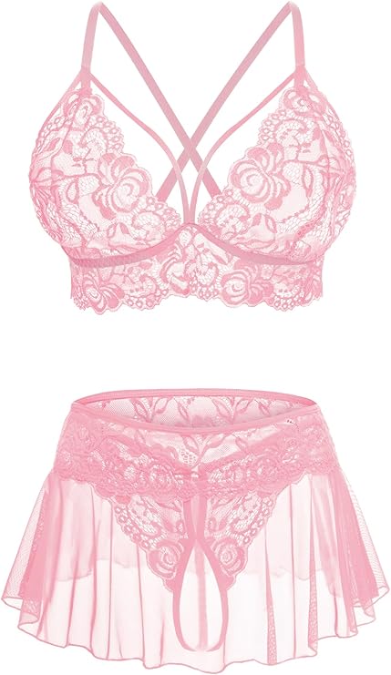 Sexy Lingerie for Women Naughty 3 Piece Lace Bralette, Mini Skirt with G-String Crotchless Lingerie Outfits
