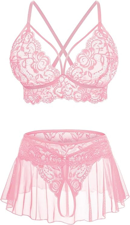Sexy Lingerie for Women Naughty 3 Piece Lace Bralette, Mini Skirt with G-String Crotchless Lingerie Outfits