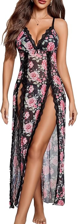 Lingerie Lace Babydoll Chemise Sexy Mesh Nightdress V Neck Nightwear Side Split Nightgown