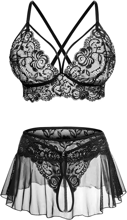Sexy Lingerie for Women Naughty 3 Piece Lace Bralette, Mini Skirt with G-String Crotchless Lingerie Outfits