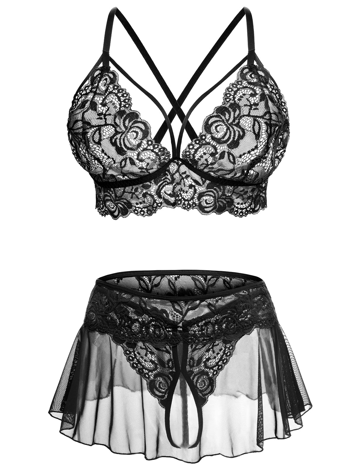 Sexy Lingerie for Women Naughty 3 Piece Lace Bralette, Mini Skirt with G-String Crotchless Lingerie Outfits