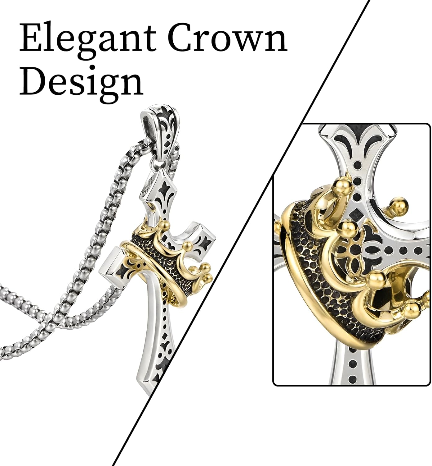 Elegant Cross Necklace for Men Stainless Steel Chain with Detachable Crown Pendant