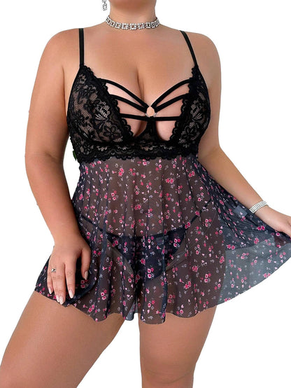 Plus Size Lace Lingerie Flower Print Nightwear Hollow Out Babydoll Chemise Sleepwear