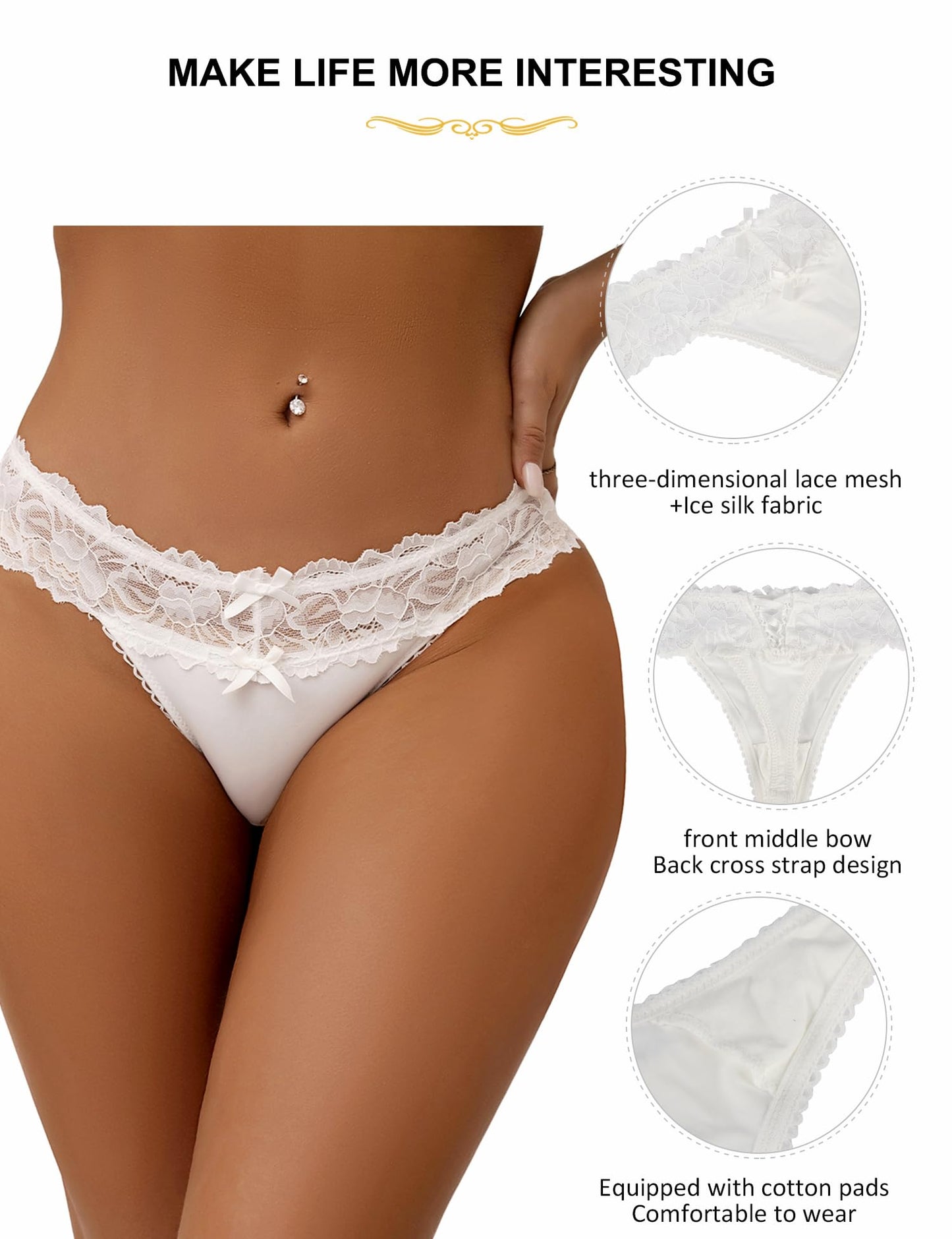 Sexy Lace G-String Thongs Panties Low Rise Underwear Undies for Women Cotton Crotch Cheeky Tangas Panties 4-18