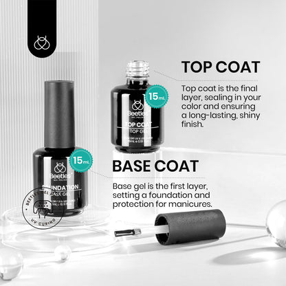 Beetles 2 Pcs 15ml No Wipe Gel Top Coat and Base Coat Set - Shine Finish and Long Lasting, Soak Off LED Nail Lamp Gel Base Top Coat Finish Nail Art Design Manicure