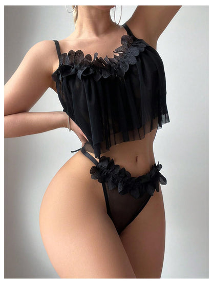 2 Piece Lingerie Babydoll Floral Appliques Sheer Mesh Bra and Low Rise Thong Set