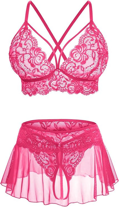 Sexy Lingerie for Women Naughty 3 Piece Lace Bralette, Mini Skirt with G-String Crotchless Lingerie Outfits