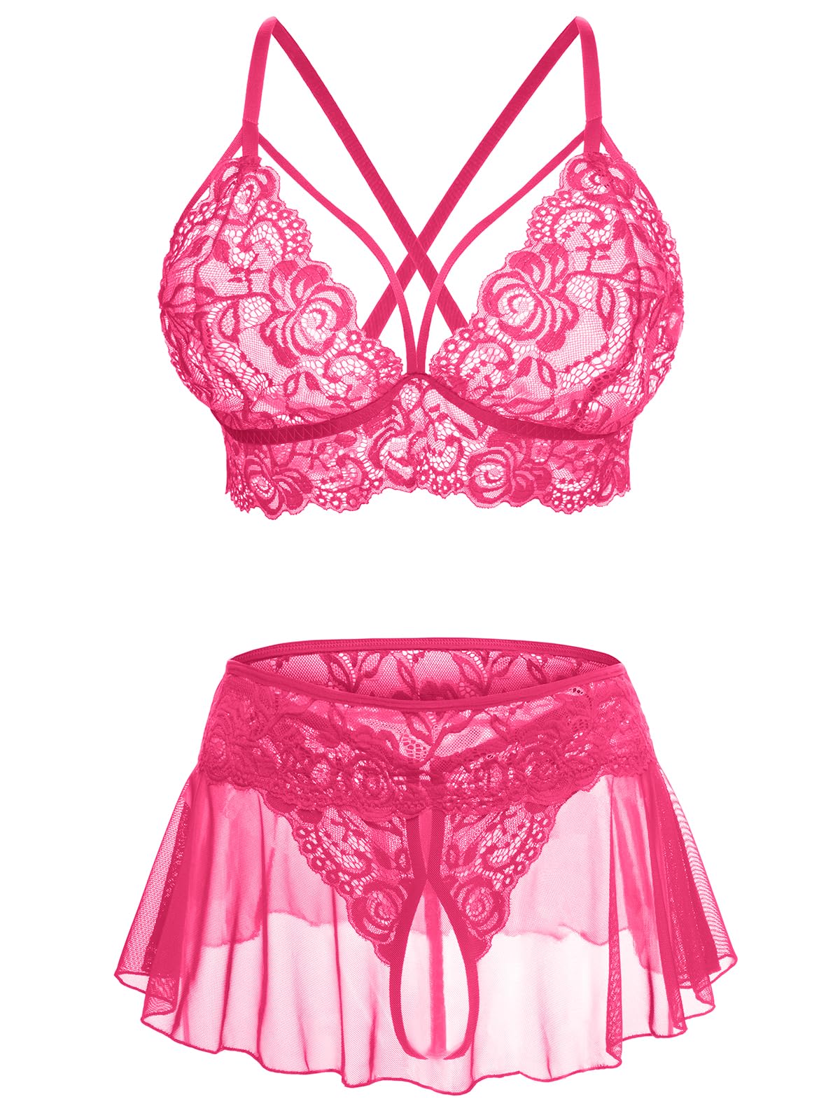 Sexy Lingerie for Women Naughty 3 Piece Lace Bralette, Mini Skirt with G-String Crotchless Lingerie Outfits