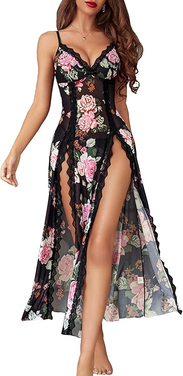 Lingerie Lace Babydoll Chemise Sexy Mesh Nightdress V Neck Nightwear Side Split Nightgown