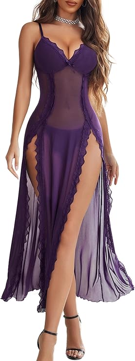 Lingerie Lace Babydoll Chemise Sexy Mesh Nightdress V Neck Nightwear Side Split Nightgown