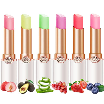 6 Pcs  Lipstick Peach Aloe Vera Strawberry Blueberry Avocado Grape Jelly Lipstick Set Temperature Change Moisturizer flower