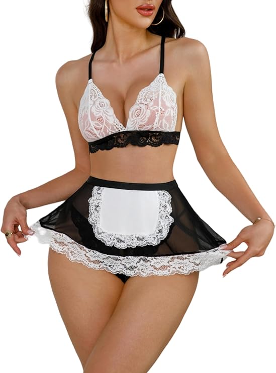 Sexy Lingerie for Women Naughty 3 Piece Lace Bralette, Mini Skirt with G-String Crotchless Lingerie Outfits
