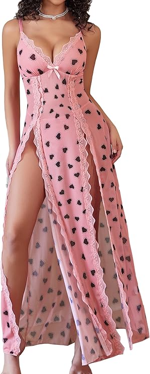 Lingerie Lace Babydoll Chemise Sexy Mesh Nightdress V Neck Nightwear Side Split Nightgown