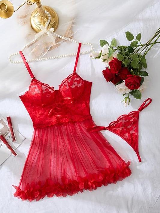 Sexy Ruffle Floral Skirt Underwire Mesh Sheer Lace Babydoll Lingerie Dress with Thong 2 Piece