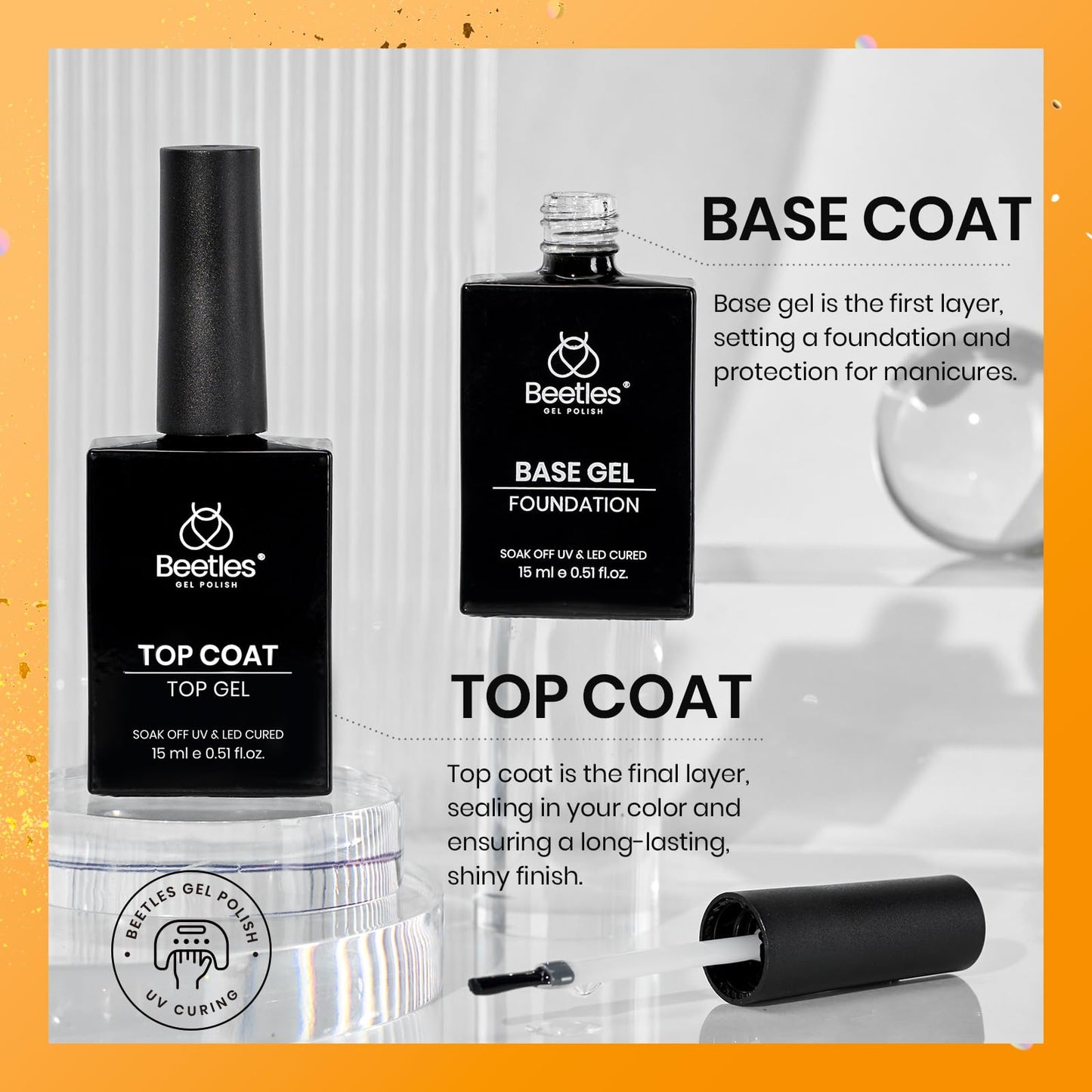 Beetles 2 Pcs 15ml No Wipe Gel Top Coat and Base Coat Set - Shine Finish and Long Lasting, Soak Off LED Nail Lamp Gel Base Top Coat Finish Nail Art Design Manicure