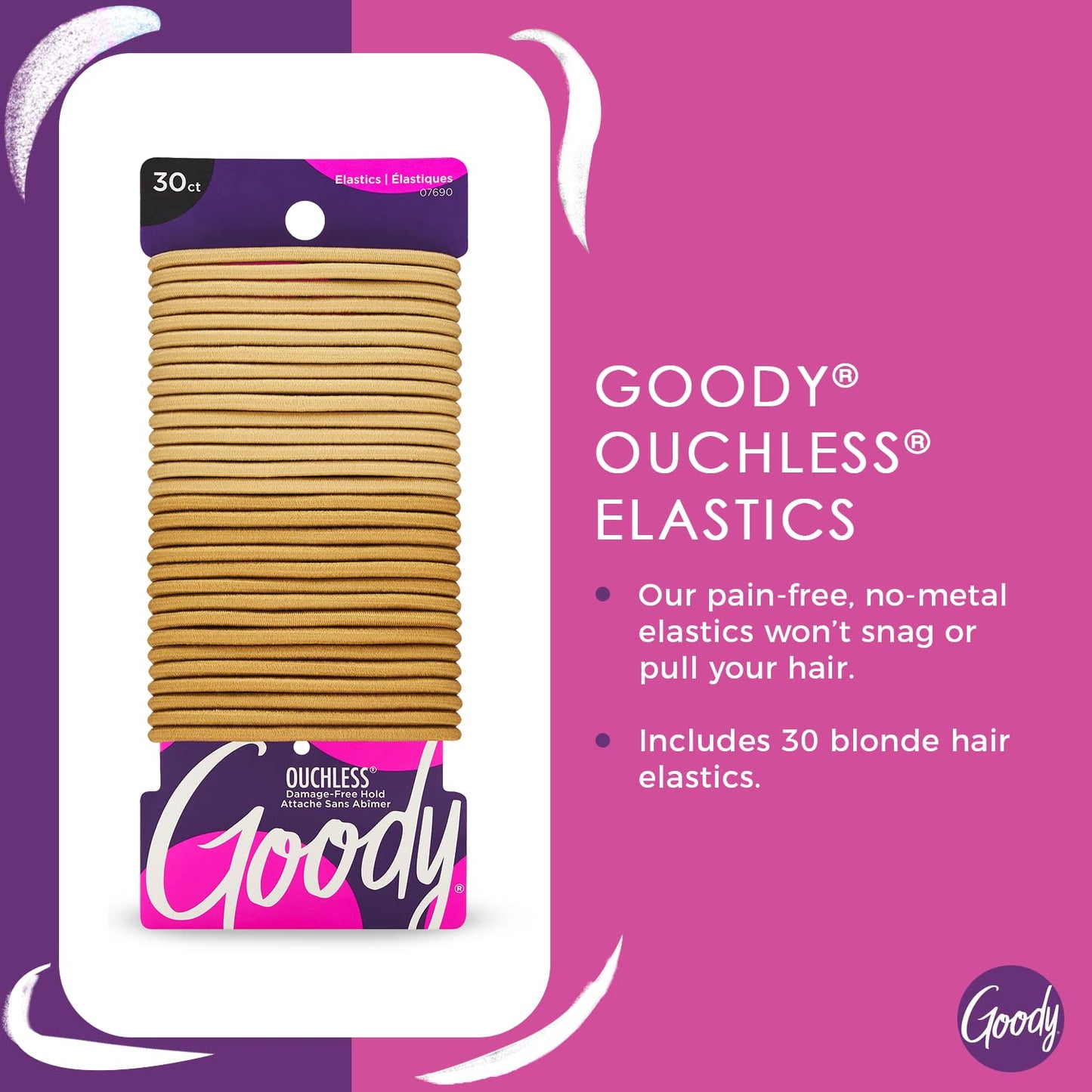 Goody Ouchless Hair Elastics – No Pull, No Breakage, Tangle-Free Hold for Thick, Curly, Coily & Textured Hair – 30 Count, Black, Long-Lasting Ponytail Holders for Women & Men