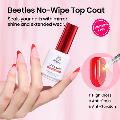 Beetles 2 Pcs 15ml No Wipe Gel Top Coat and Base Coat Set - Shine Finish and Long Lasting, Soak Off LED Nail Lamp Gel Base Top Coat Finish Nail Art Design Manicure