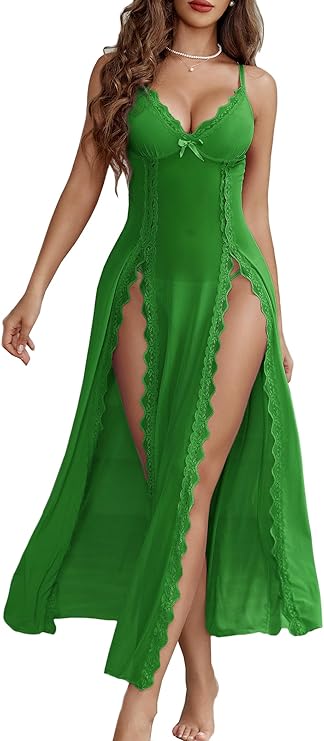 Lingerie Lace Babydoll Chemise Sexy Mesh Nightdress V Neck Nightwear Side Split Nightgown