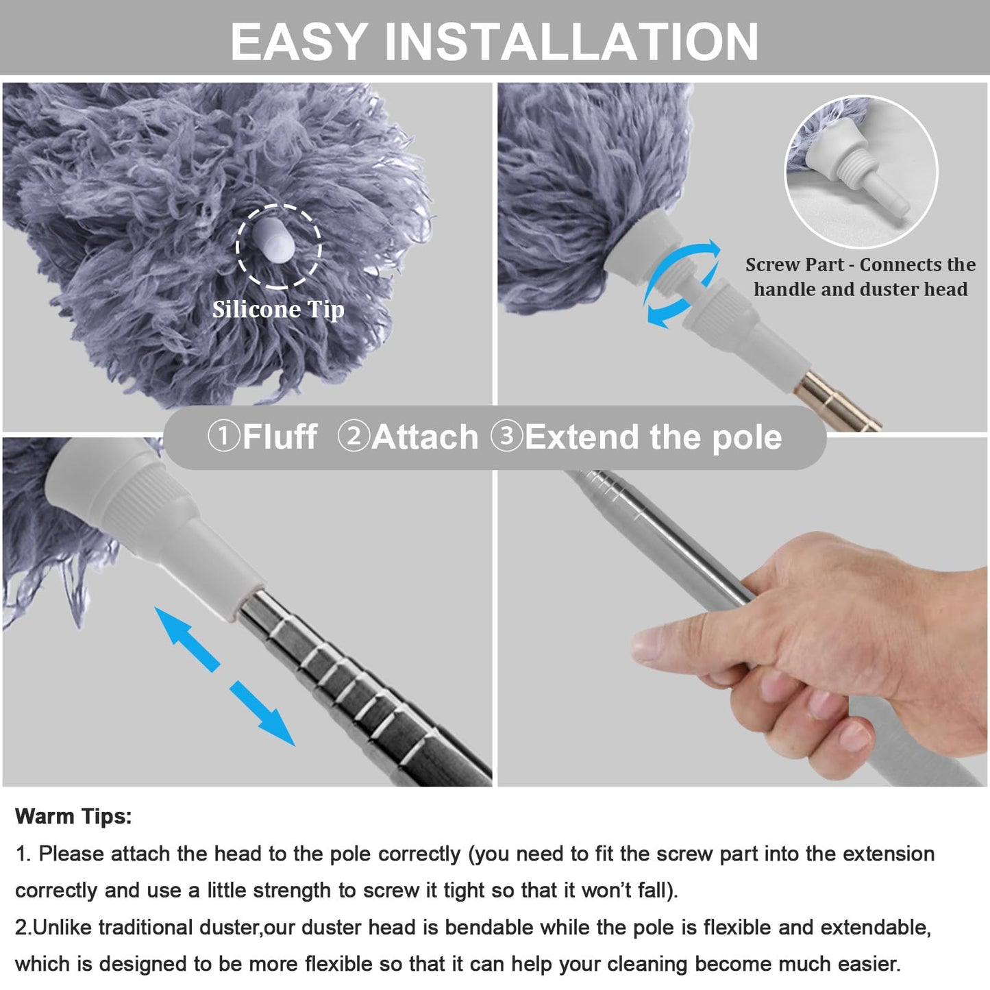Microfiber Feather Duster Extendable Duster with 100 inches Extra Long Pole, Bendable Head & Long Handle Dusters for Cleaning Ceiling Fan, High Ceiling, Blinds, Furniture & Cars