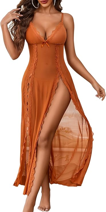 Lingerie Lace Babydoll Chemise Sexy Mesh Nightdress V Neck Nightwear Side Split Nightgown