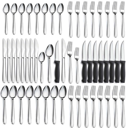 Stainless Steel Flatware with Steak Knives, Forks, Spoons, Knives - Dishwasher Safe for Home or Restaurant