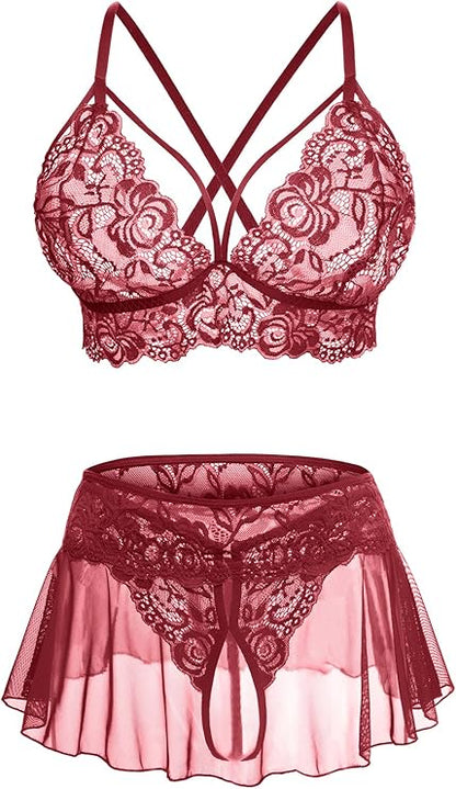 Sexy Lingerie for Women Naughty 3 Piece Lace Bralette, Mini Skirt with G-String Crotchless Lingerie Outfits