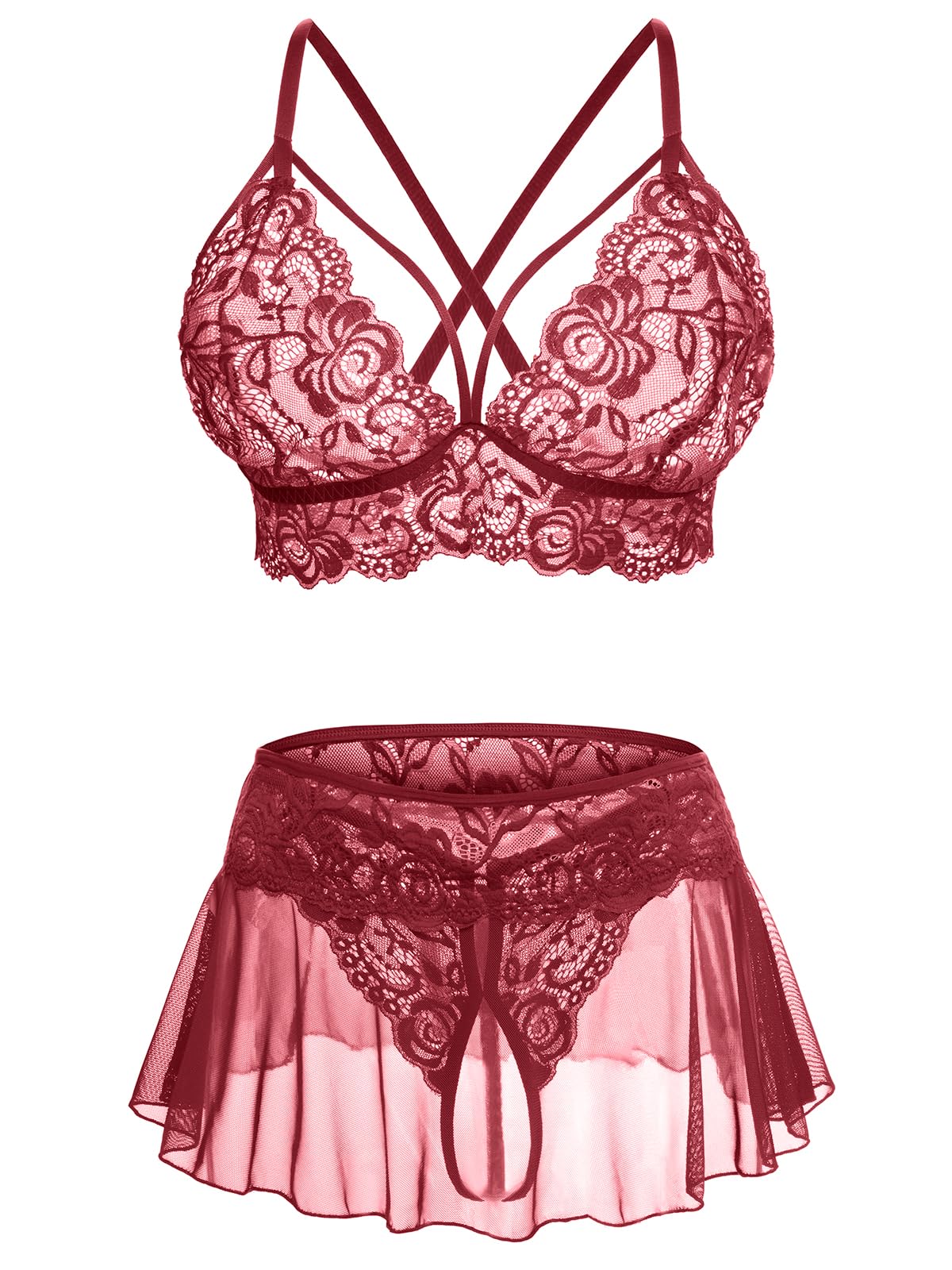 Sexy Lingerie for Women Naughty 3 Piece Lace Bralette, Mini Skirt with G-String Crotchless Lingerie Outfits