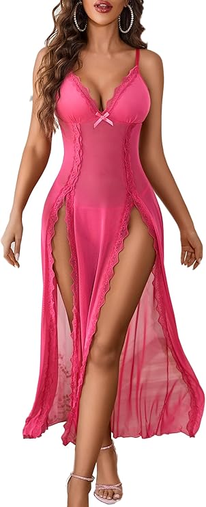 Lingerie Lace Babydoll Chemise Sexy Mesh Nightdress V Neck Nightwear Side Split Nightgown