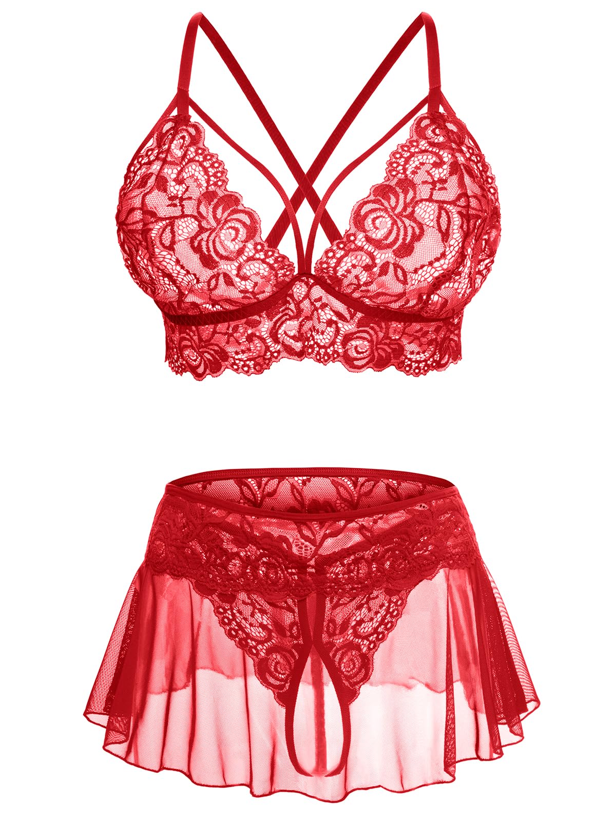 Sexy Lingerie for Women Naughty 3 Piece Lace Bralette, Mini Skirt with G-String Crotchless Lingerie Outfits