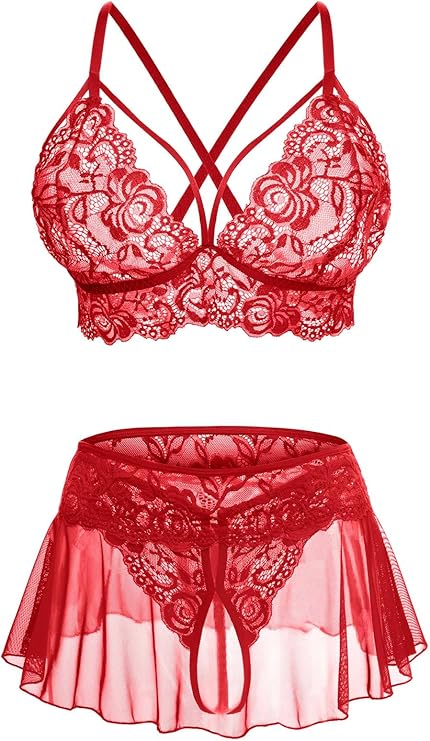 Sexy Lingerie for Women Naughty 3 Piece Lace Bralette, Mini Skirt with G-String Crotchless Lingerie Outfits