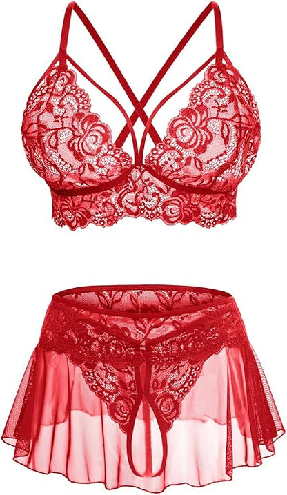 Sexy Lingerie for Women Naughty 3 Piece Lace Bralette, Mini Skirt with G-String Crotchless Lingerie Outfits