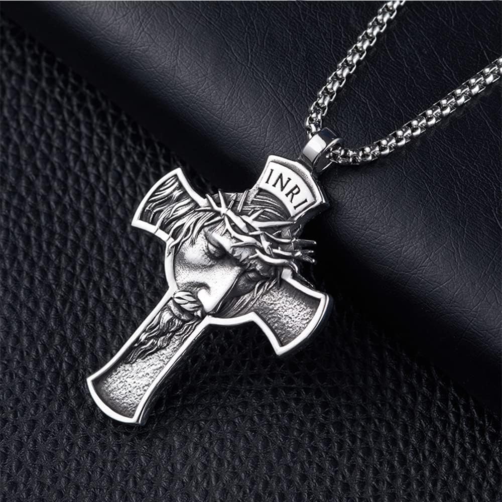NIGHTCRUZ INRI Jesus Christ Necklace, Cross Pendant Necklace with Crown of Thorns Jesus